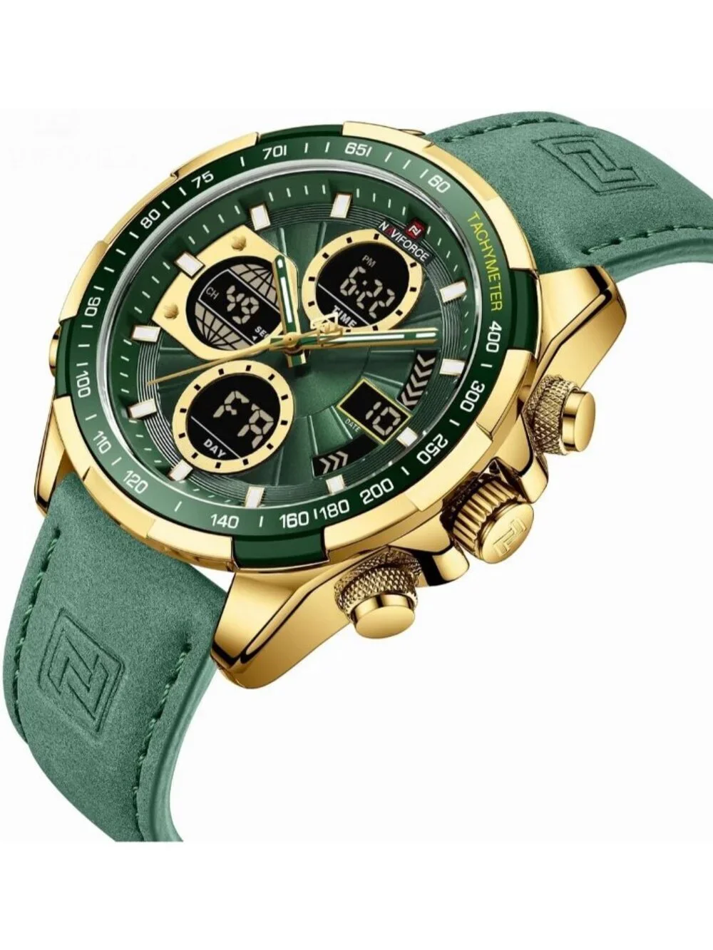 Men's Green And Gold Analog Quartz Waterproof Chronograph Stylish Casual Watch